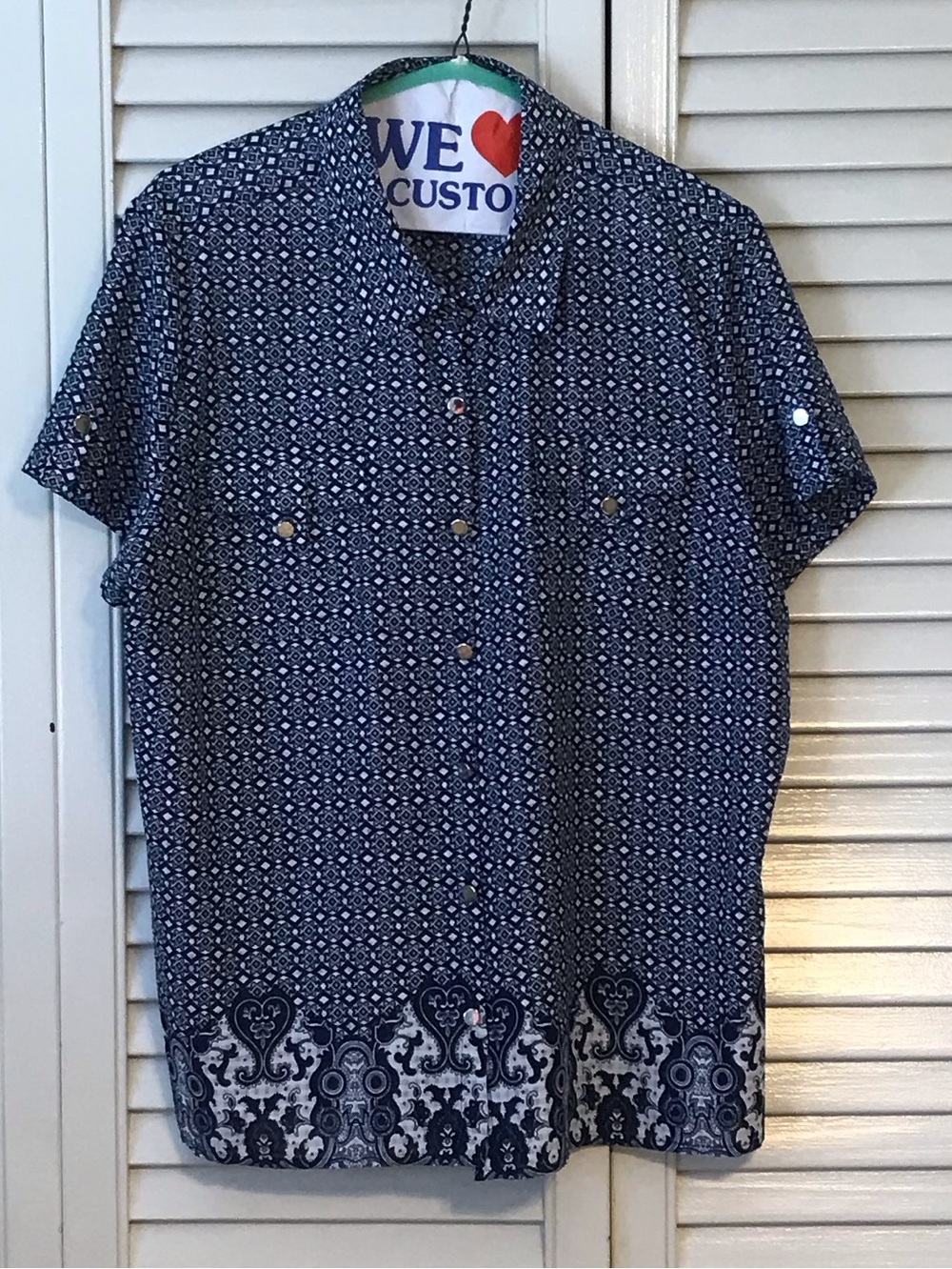 Kim Rogers Navy and White Short-Sleeve Printed Blouse